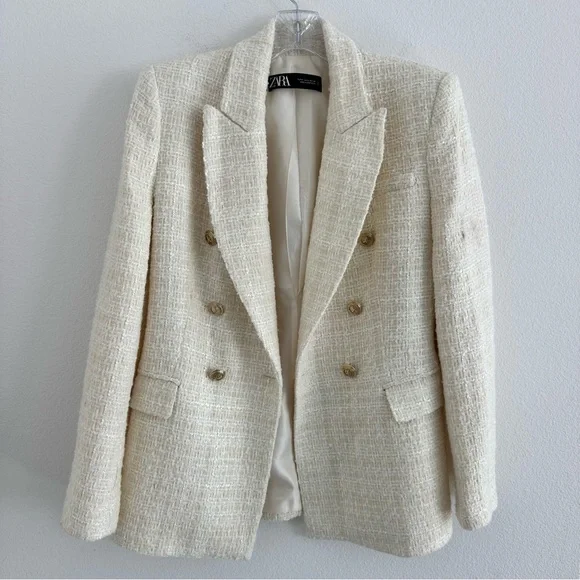 Zara Cream Tweed Double-Breasted Blazer Blogger Favorite Size: S - Picture 12 of 16